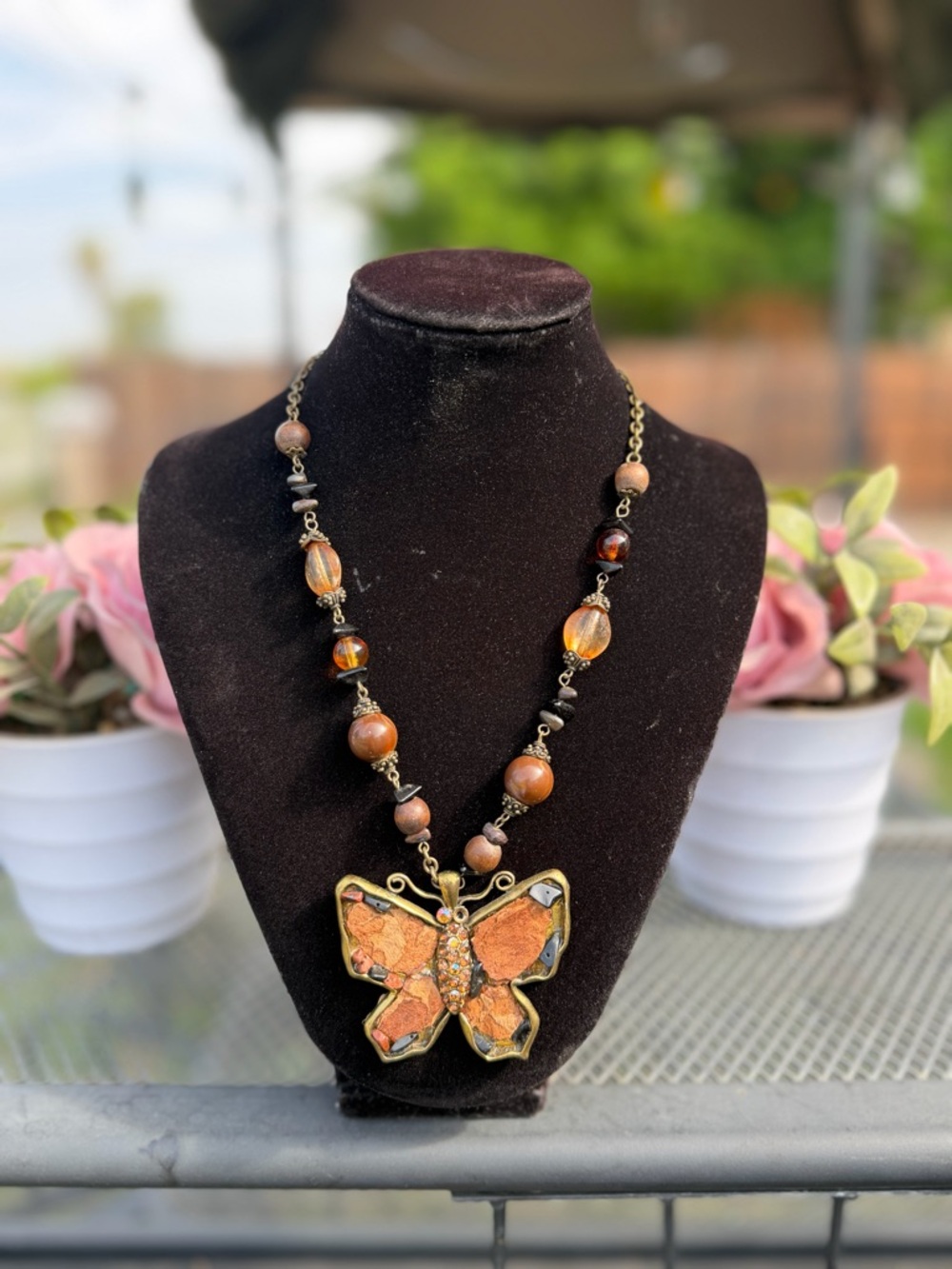 Othr Orange and Bronze Butterfly Pendant Necklace